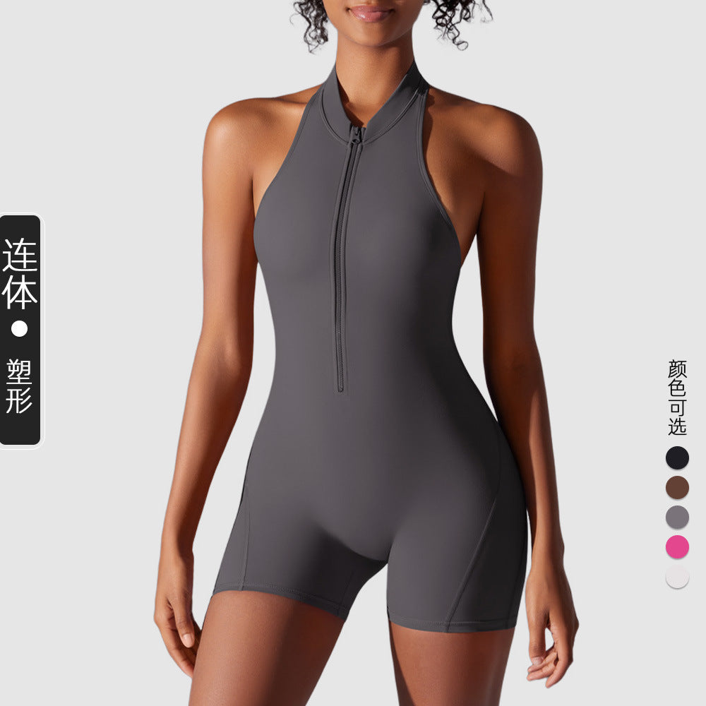 High Intensity Sports Back Fitness Jumpsuit Zipper Nude Tight
