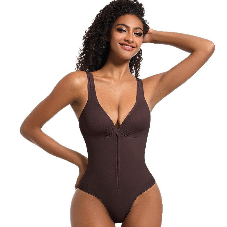 Suspender zipper bodysuit seamless one-piece